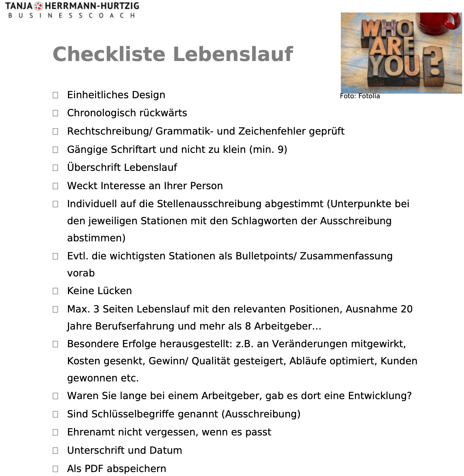 Checkliste Lebenslauf